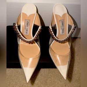 Jimmy Choo Crystal Embellished Clear Mule Heels | Size 39.5 | White PVC Pumps